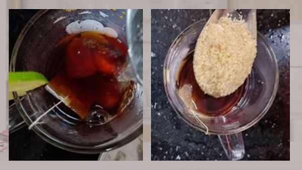 cho nước trà đã pha vào, thêm cùi vải đã xay nhuyễn, hạt chia đã ngâm, 3 muỗng canh đường cát, 1/2 muỗng nước cốt chanh