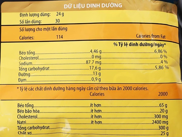 Thành phần dinh dưỡng trong một gói cà phê sữa hòa tan